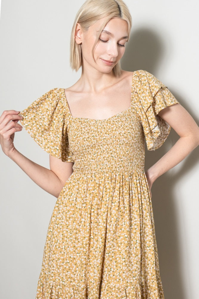 Yellow Floral Smocked Flutter Sleeve Dress