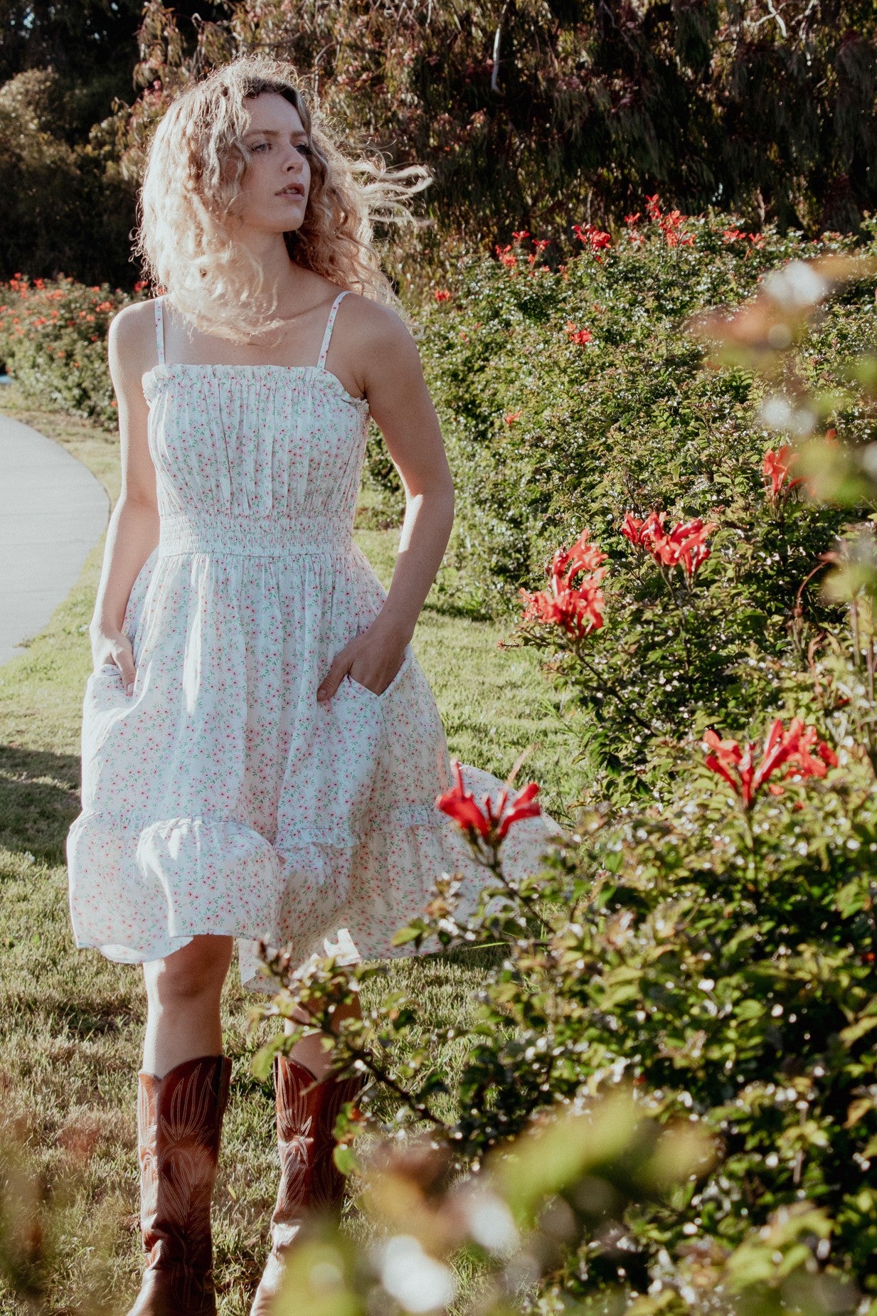 Ivory Floral Smocked Waist Ruffle Accent Dress Ivory Floral Smocked Waist Ruffle Accent Dress
