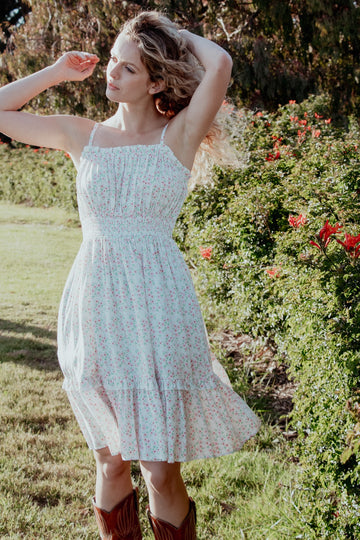 Ivory Floral Smocked Waist Ruffle Accent Dress