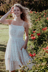 Ivory Floral Smocked Waist Ruffle Accent Dress