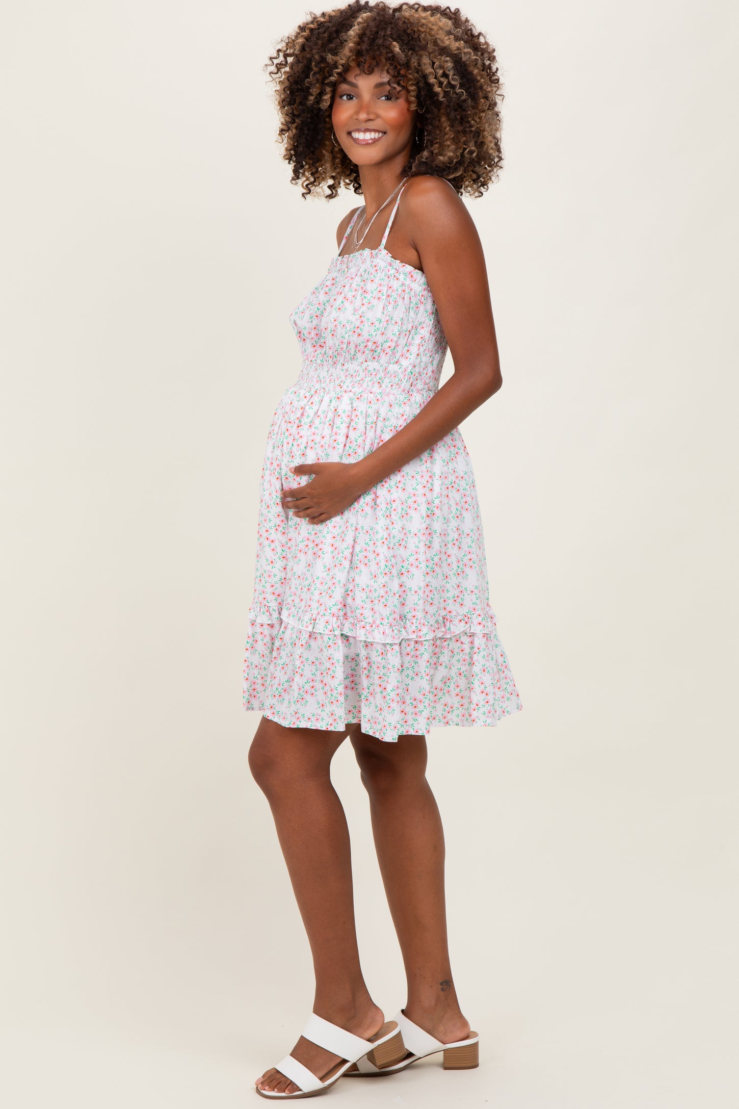 Ivory Floral Smocked Waist Ruffle Accent Maternity Dress