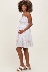 Ivory Floral Smocked Waist Ruffle Accent Maternity Dress