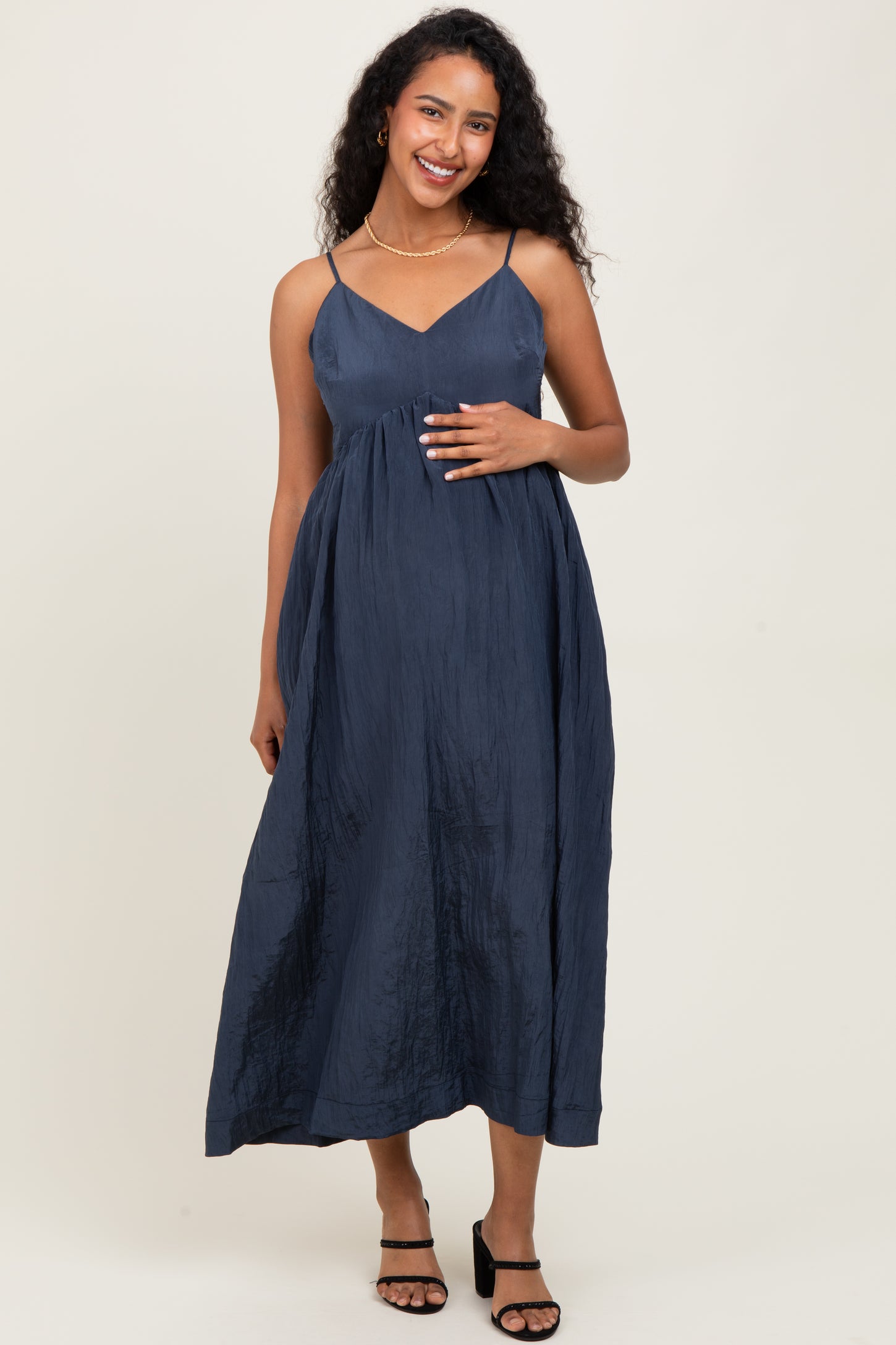 Navy Crinkle Texture V-Neck Sleeveless Maternity Dress