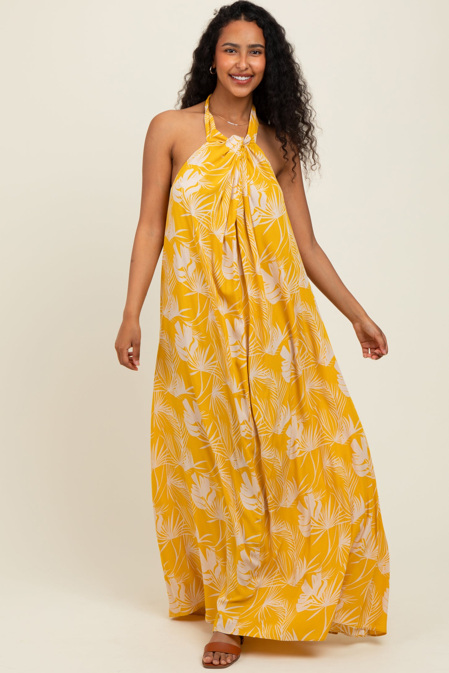 Yellow Leaf Print Halter Open Back Maxi Dress