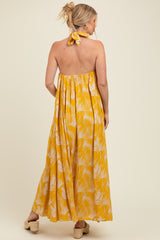 Yellow Leaf Print Halter Open Back Maternity Maxi Dress