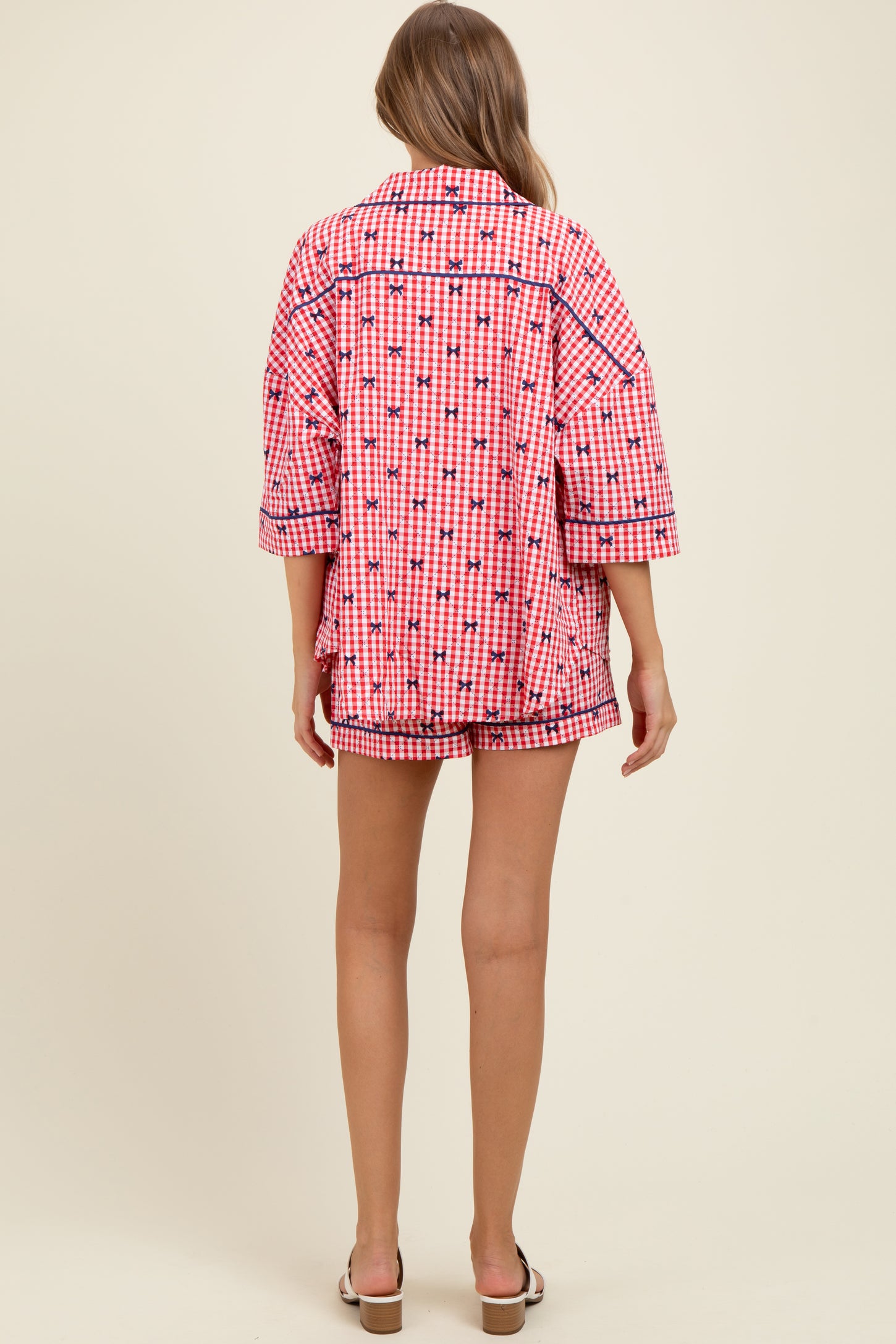 Red Bow Print Gingham Pajama Short Maternity Set