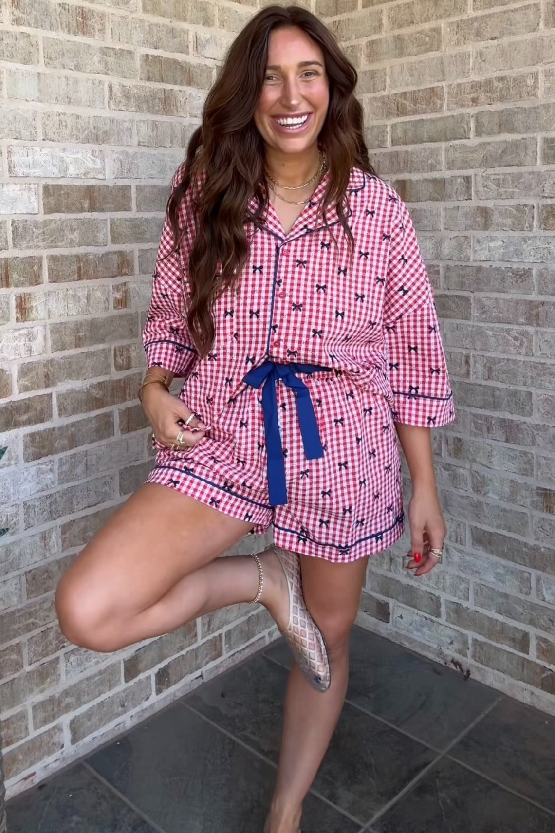 Red Bow Print Gingham Pajama Short Set