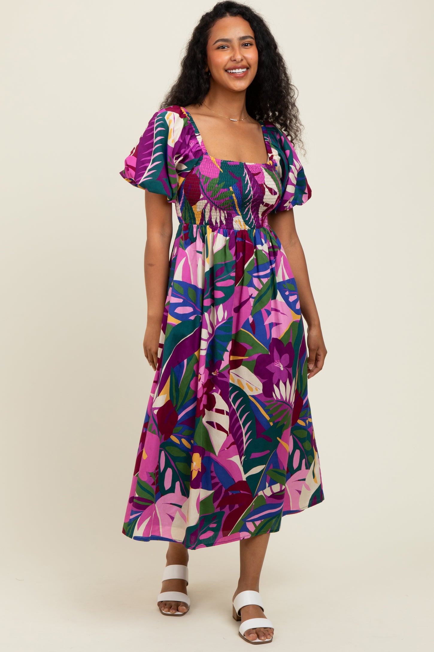 Purple Tropical Smocked Puff Sleeve Maternity Midi Dress