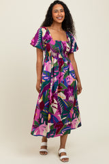 Purple Tropical Smocked Puff Sleeve Maternity Midi Dress