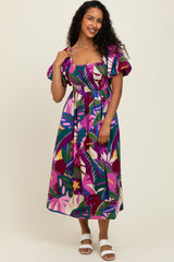 Purple Tropical Smocked Puff Sleeve Midi Dress
