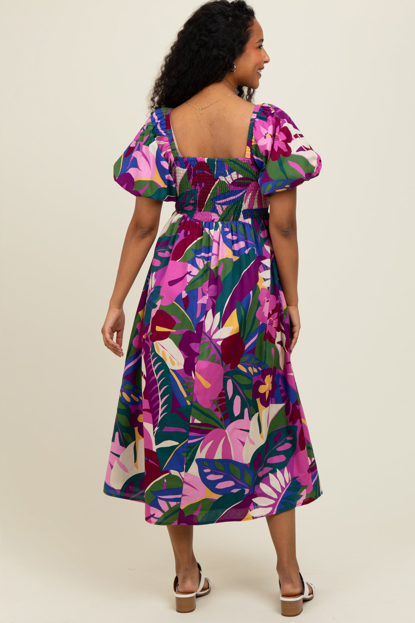 Purple Tropical Smocked Puff Sleeve Midi Dress