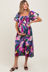 Purple Tropical Smocked Puff Sleeve Maternity Midi Dress