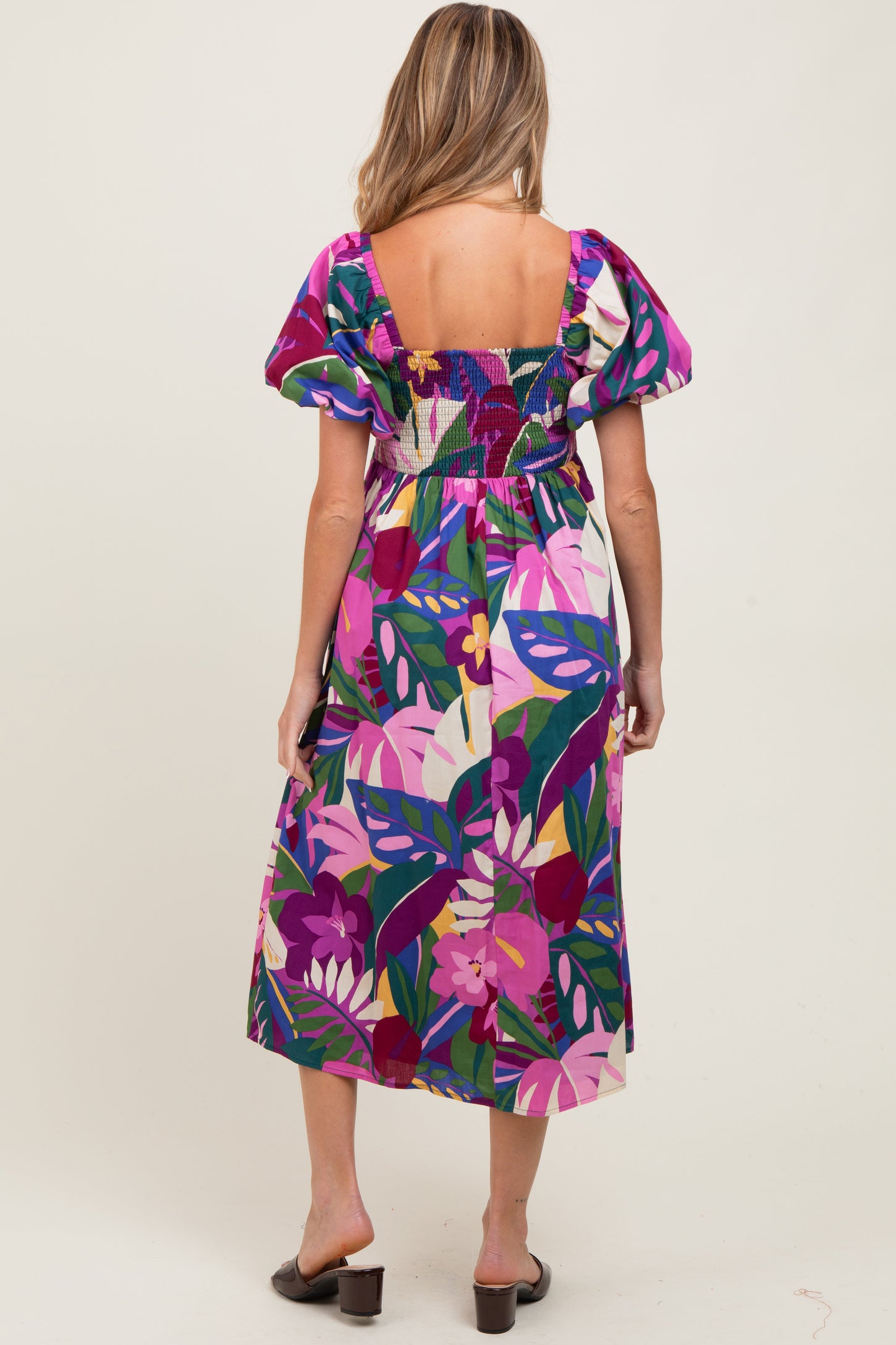 Purple Tropical Smocked Puff Sleeve Maternity Midi Dress