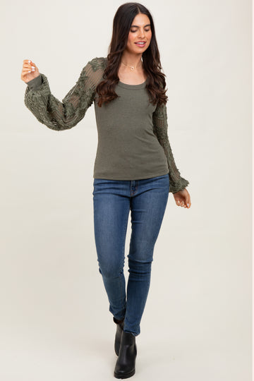 Olive Floral Lace Balloon Sleeve Top