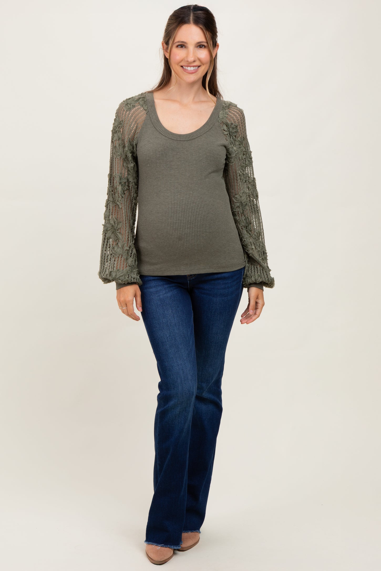 Olive Floral Lace Balloon Sleeve Maternity Top