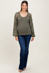 Olive Floral Lace Balloon Sleeve Maternity Top