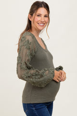 Olive Floral Lace Balloon Sleeve Maternity Top