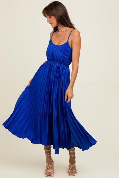 royal blue pleated midi dress Royal Blue Tie-Strap Dress - Pleated Dress - Midi Dress