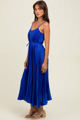 Royal Blue Pleated Sash Tie Midi Dress