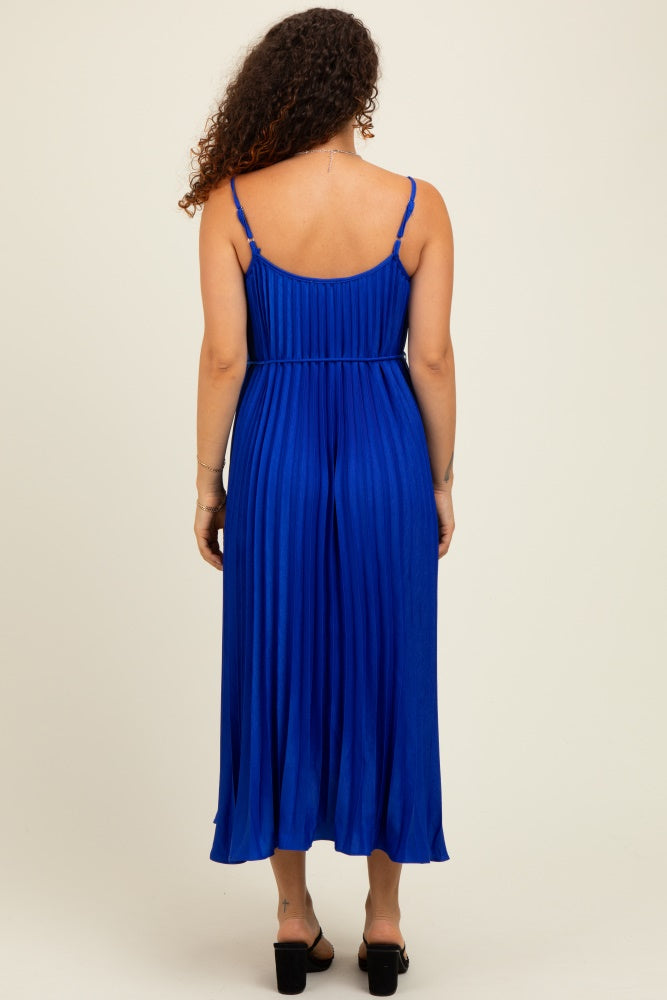 Royal Blue Pleated Sash Tie Maternity Midi Dress