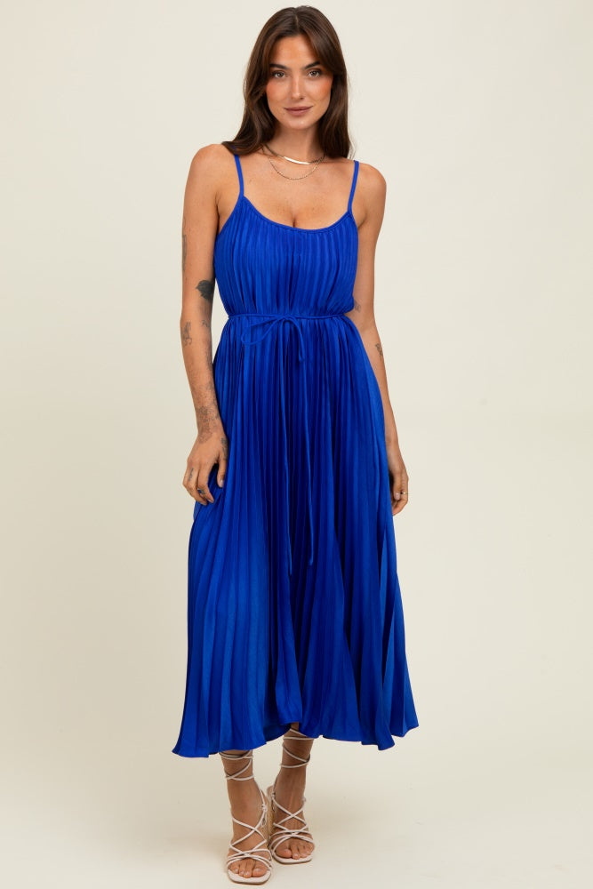 Royal Blue Pleated Sash Tie Midi Dress