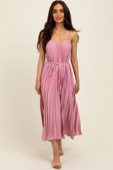 Pink Pleated Sash Tie Maternity Midi Dress