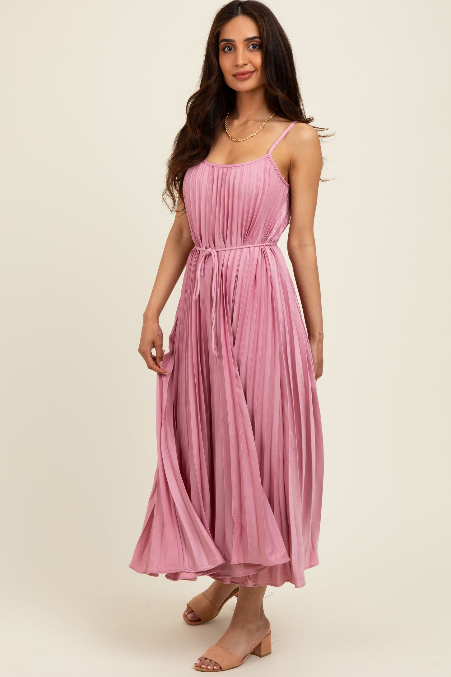 Pink Pleated Sash Tie Midi Dress