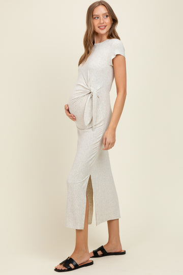 Cream Side Knot Tie Short Sleeve Maternity Midi Dress
