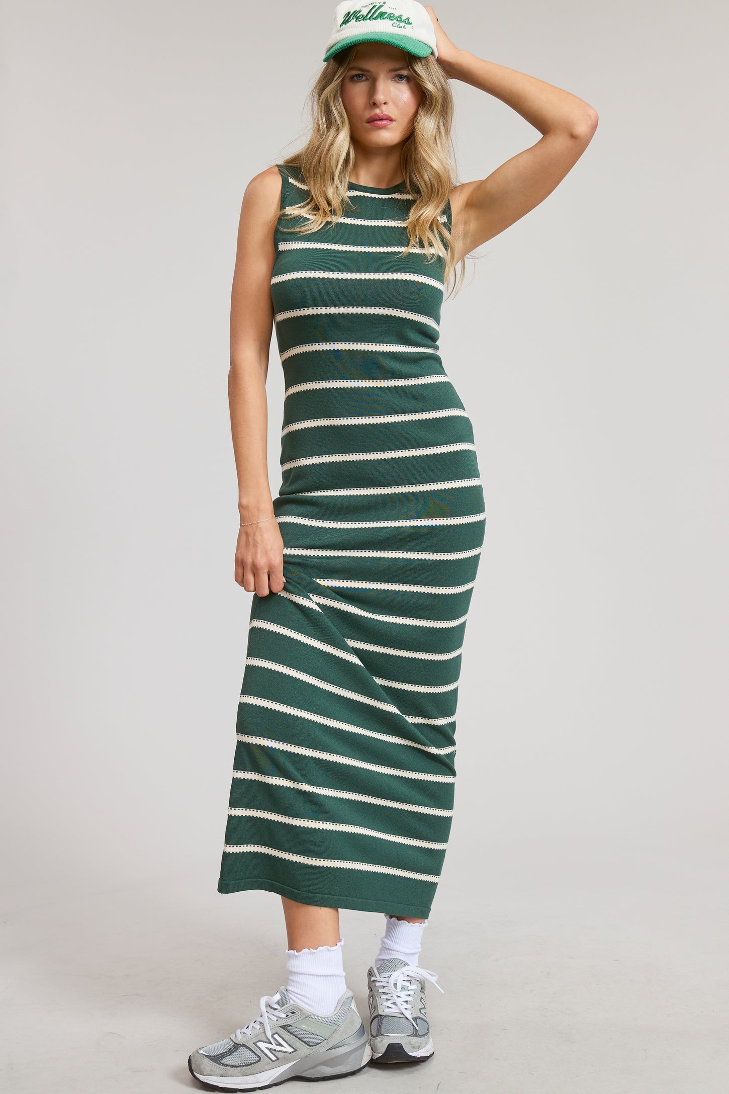 Forest Green Striped Sleeveless Knit Midi Dress