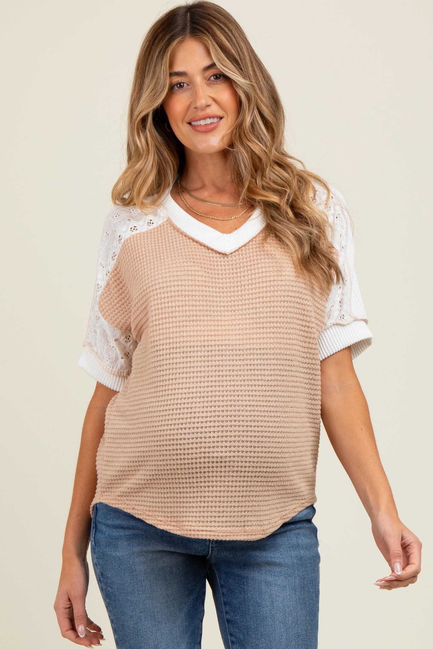 Beige Lace Inset V-Neck Short Sleeve Maternity Top