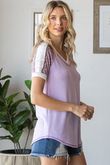 Lilac Floral Contrast Short Sleeve Top