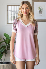 Pink Floral Contrast Short Sleeve Top