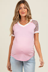 Pink Floral Contrast Short Sleeve Maternity Top