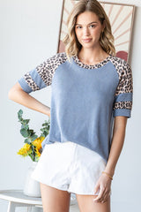 Blue Ribbed Animal Print Contrast Short Sleeve Top