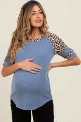 Blue Ribbed Animal Print Contrast Short Sleeve Maternity Top