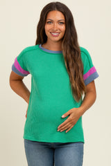 Green Ribbed Colorblock Detail Maternity Short Sleeve Top
