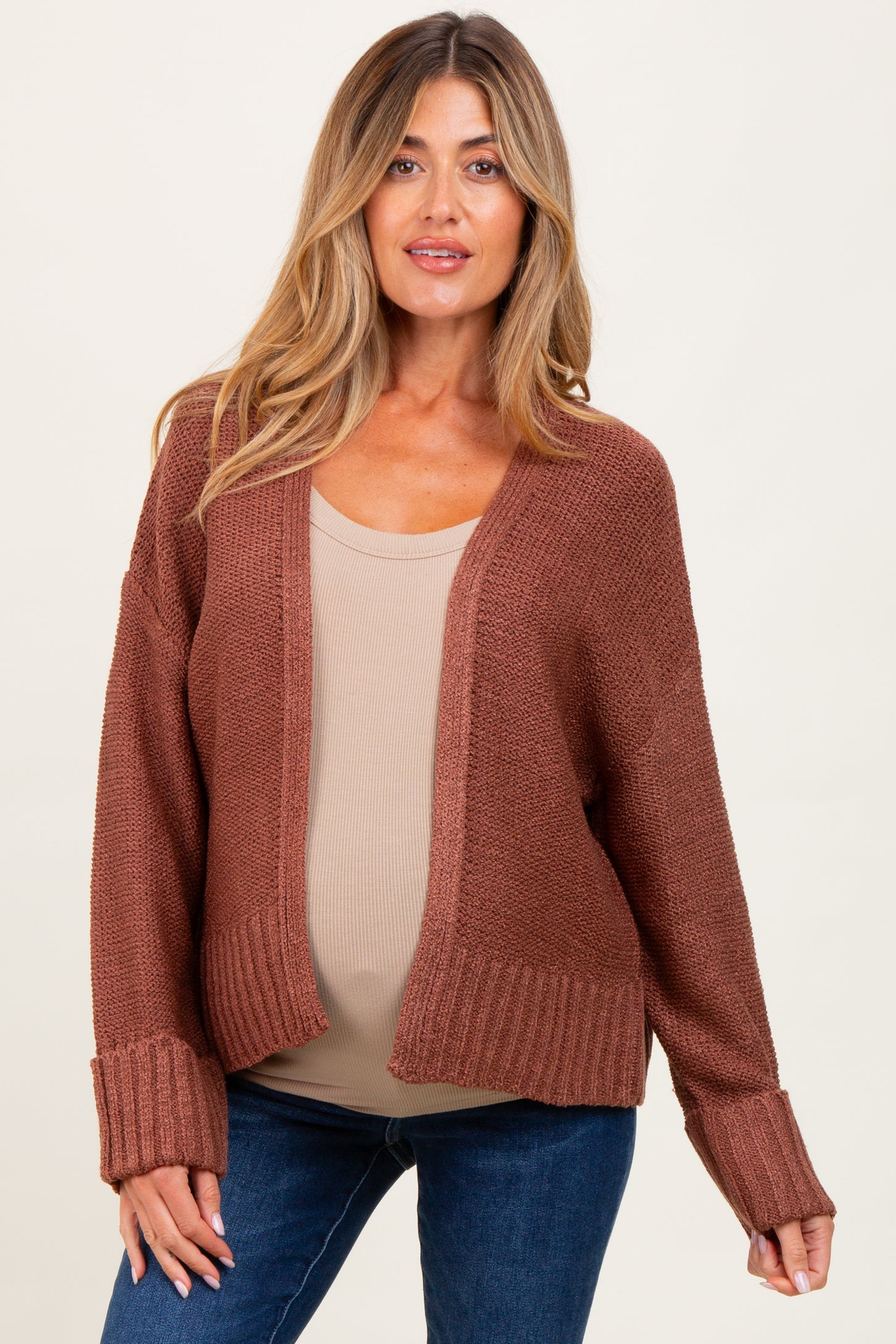 Rust Contrast Knit Open Maternity Cardigan