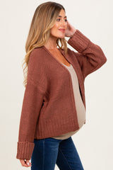 Rust Contrast Knit Open Maternity Cardigan