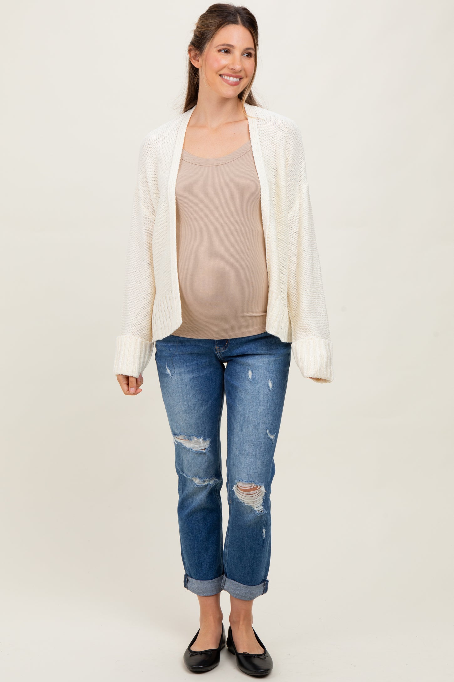 Cream Contrast Knit Open Maternity Cardigan