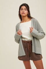 Light Olive Contrast Knit Open Cardigan