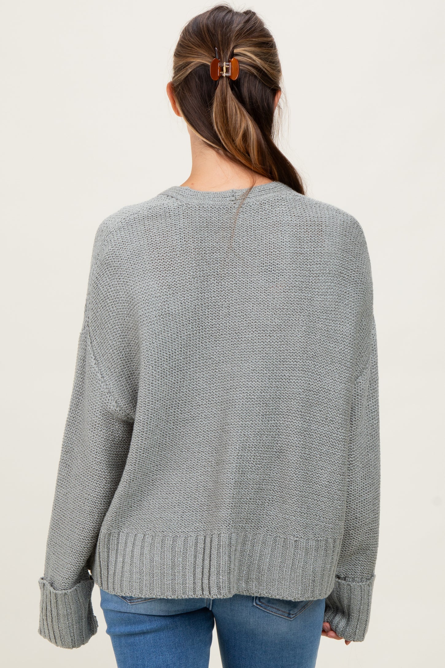 Light Olive Contrast Knit Open Maternity Cardigan