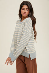 Light Olive Striped Dot Contrast Knit Sweater