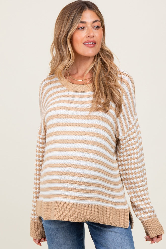 Taupe Striped Dot Contrast Knit Maternity Sweater