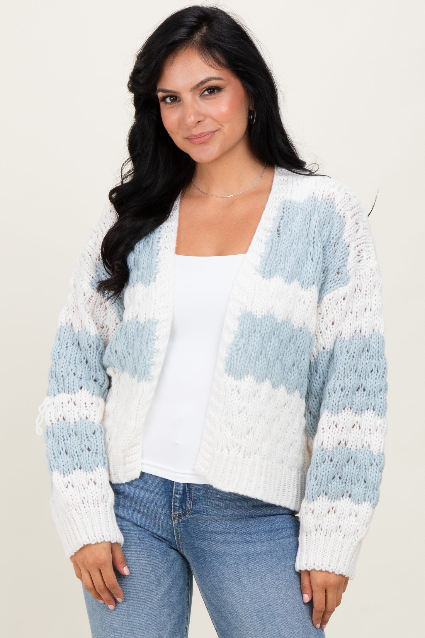 Light Olive Colorblock Chunky Knit Open Cardigan