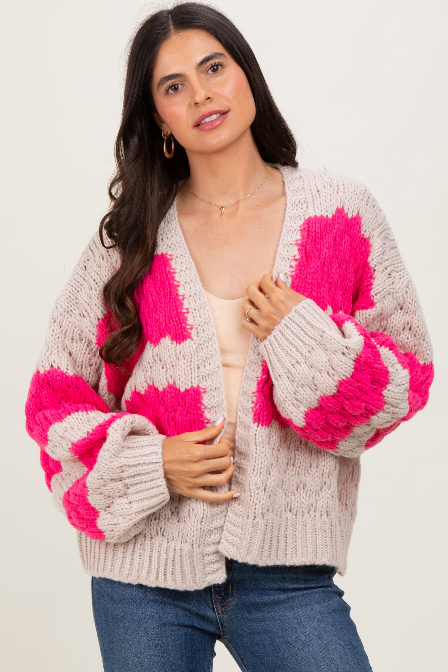 Pink Colorblock Chunky Knit Open Maternity Cardigan