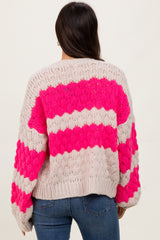 Pink Colorblock Chunky Knit Open Cardigan