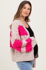 Pink Colorblock Chunky Knit Open Maternity Cardigan