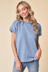 Blue Ribbed Exposed Seam Short Sleeve Maternity Top