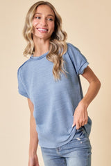 Blue Ribbed Exposed Seam Short Sleeve Top