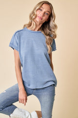 Blue Ribbed Exposed Seam Short Sleeve Top
